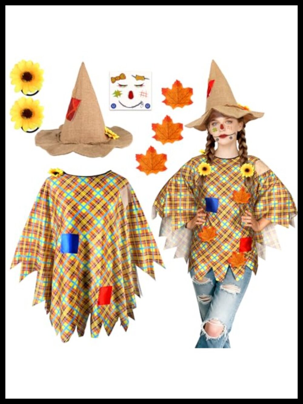 Scarecrow Costume Set Women Poncho Hat Face Decals Halloween Thanksgiving